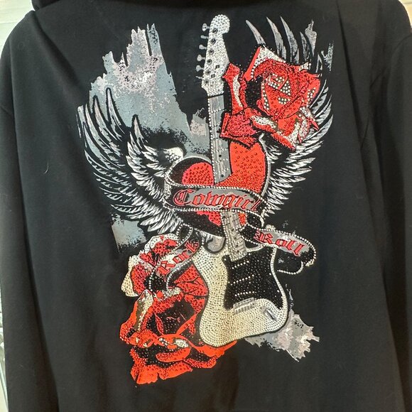 Rock & Roll Cowgirl Full Zip-Up Bling Hoodie – Black – Size XXL (2X) - Picture 8 of 8